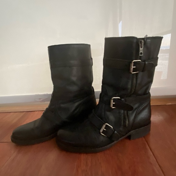 J.Crew mid calf boots chrome buckle, W7 Black Leather upper & lining. - Picture 2 of 7